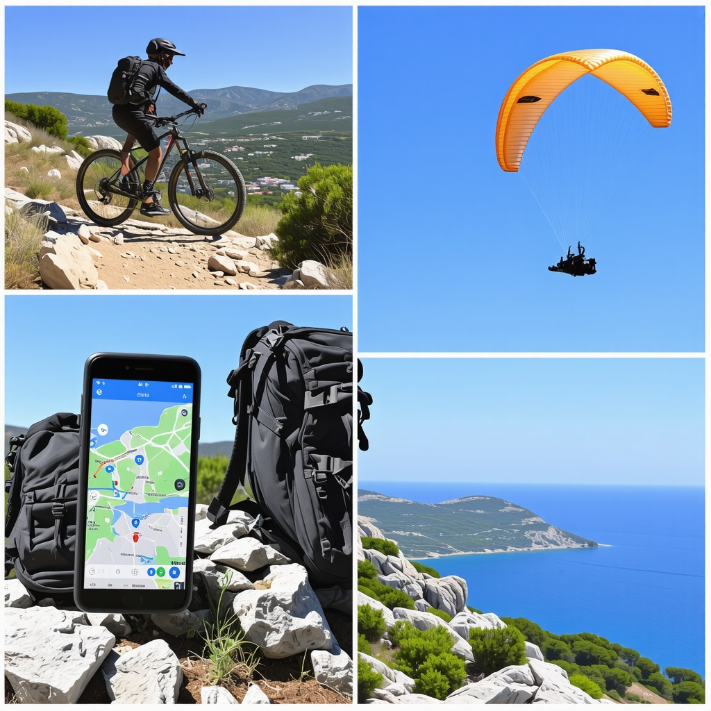 Collage of hiking gear, GPS navigation, mountain biking, and paragliding near Thessaloniki