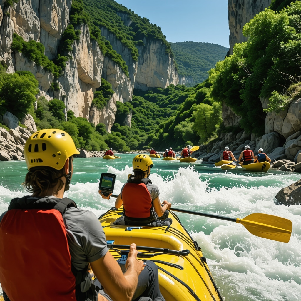 Rafters using GPS devices navigating Cetina River canyon in Omiš, Croatia