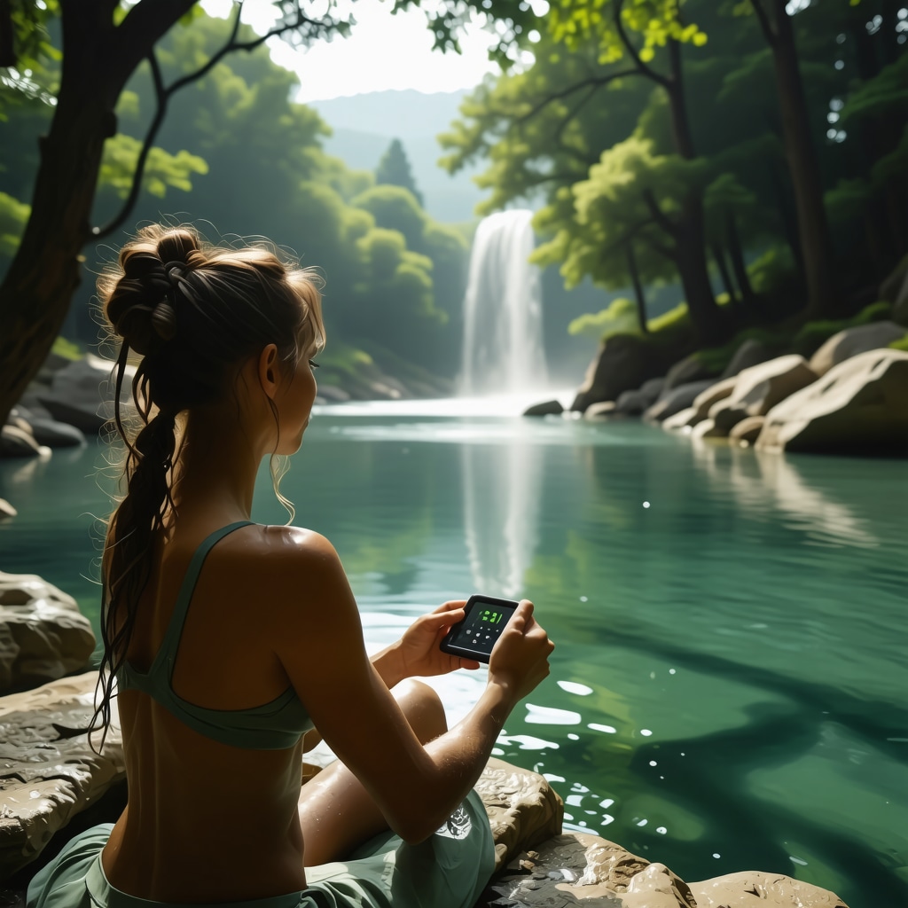 Wearable health devices used in wellness therapy near thermal springs with forest backdrop in Sokobanja