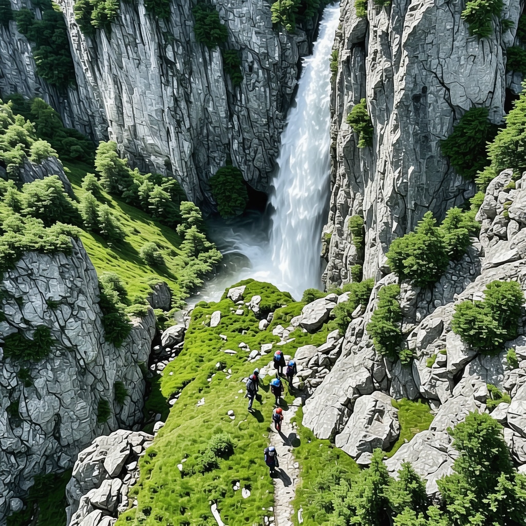 Aerial drone photograph capturing Rugova Gorge's steep cliffs, waterfalls, and green forests with hikers on trails, highlighting ecological monitoring