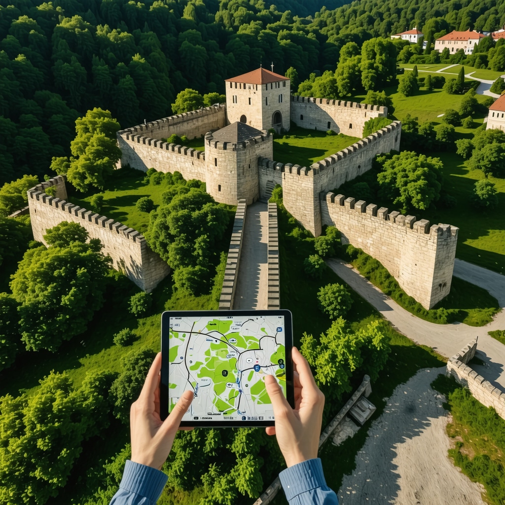 Drone aerial image of Ljubuški fortress with GIS digital map overlay in conservation work