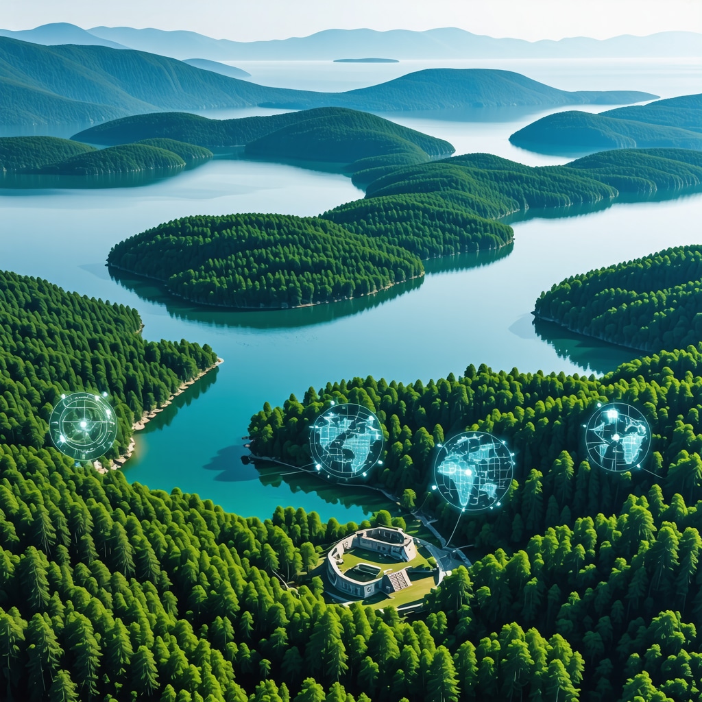 Aerial image of Mljet National Park highlighting natural and cultural features with digital technology icons