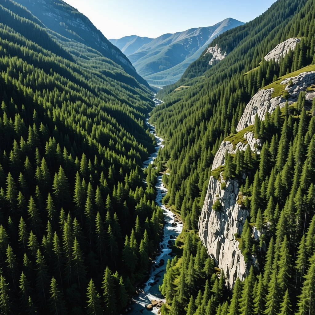 Drone aerial image of Rugova Canyon featuring forests, cliffs, river and digital conservation monitoring graphics