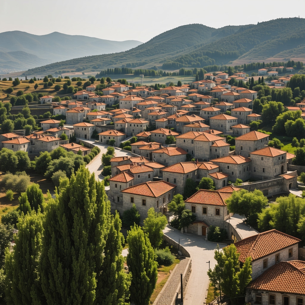 Aerial panorama of Berat showing Ottoman architecture and numerous windows in old town