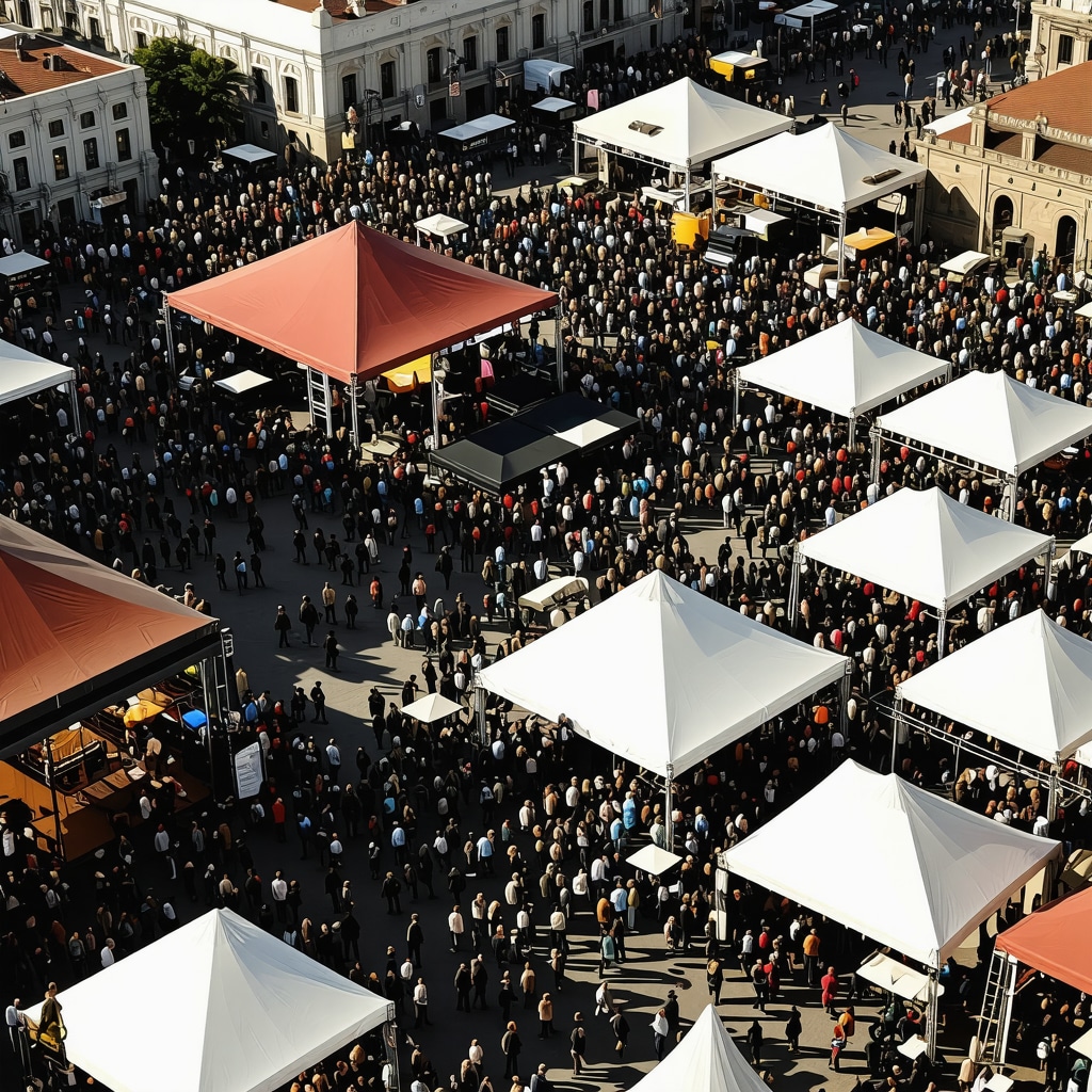 Aerial photograph depicting the vibrant cultural music festival in Arad with modern and traditional stages and diverse audience