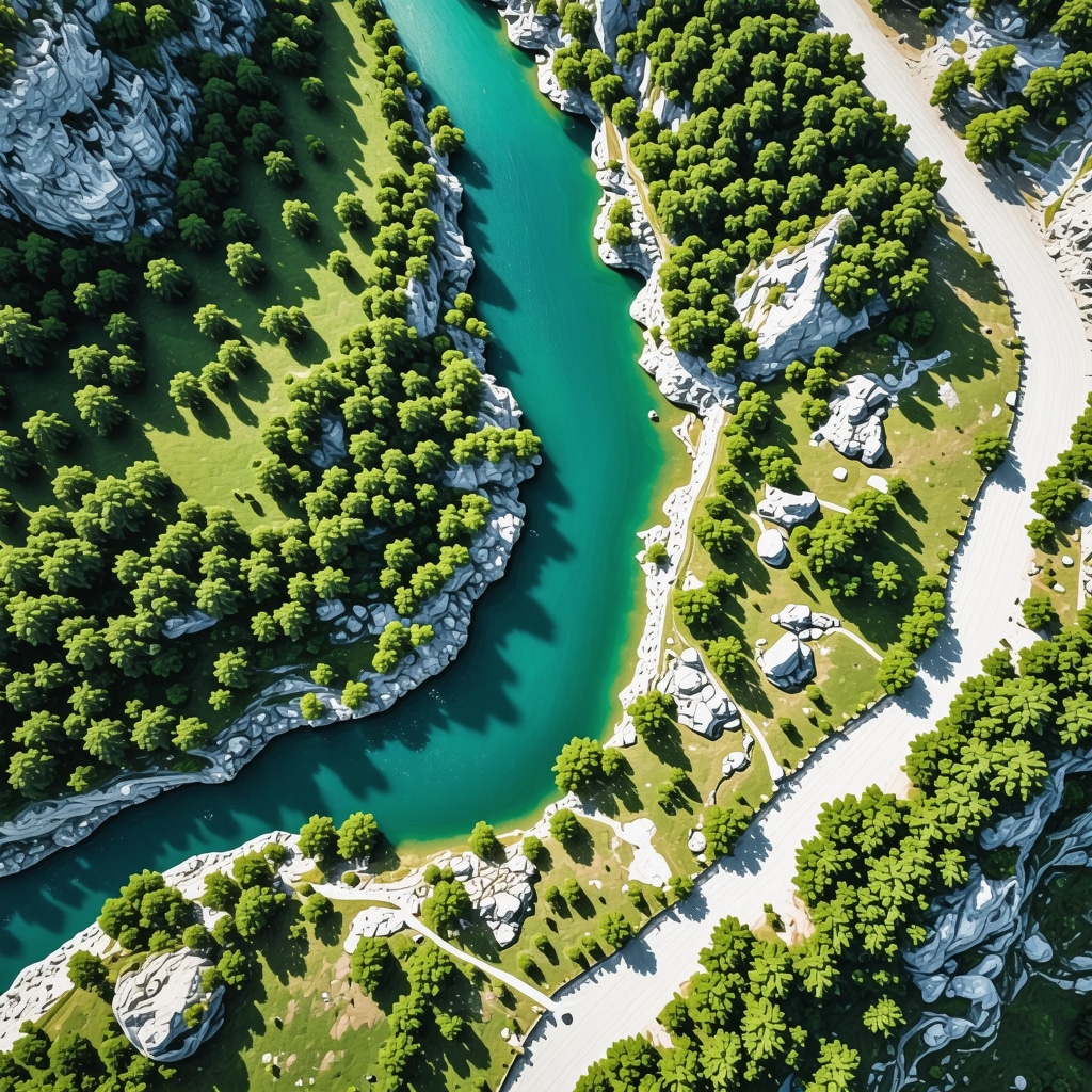 Aerial landscape of Blagaj's spring with digital GIS data and cultural heritage symbols
