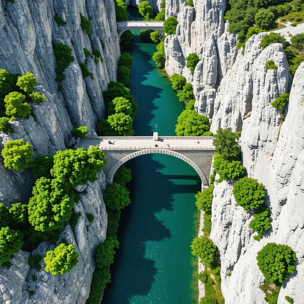 Aerial image showing the Buna River flowing beneath limestone cliffs with the historic Ottoman bridge in Blagaj