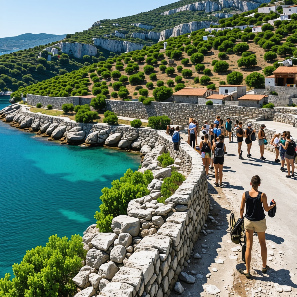 Aerial view of Brač island with natural habitats, vineyards, stone walls, and tourists using smart technology