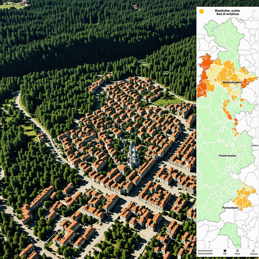 Drone aerial image of Brașov historic center with GIS and tourist density data visualization