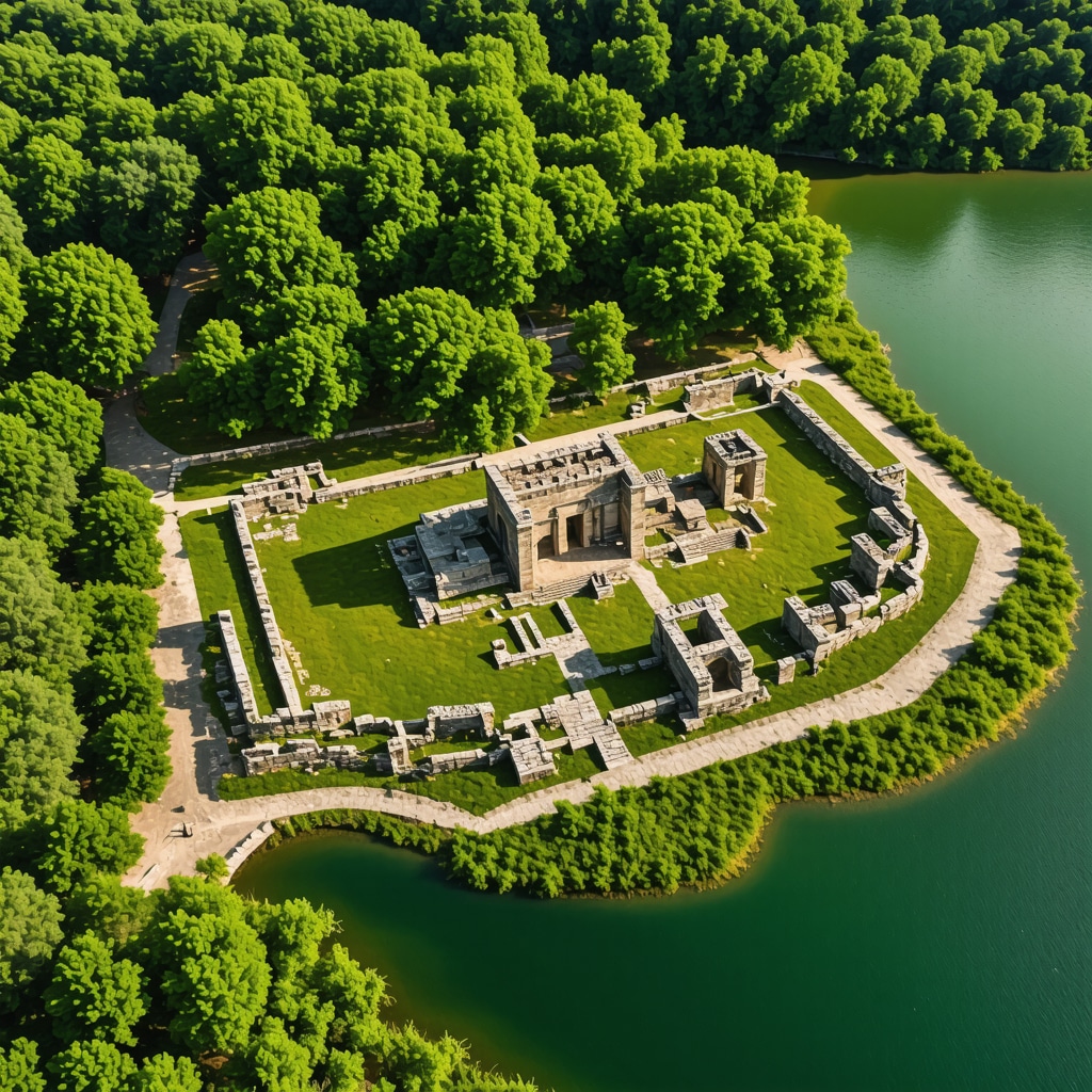 Aerial photo showing the ancient ruins of Butrint integrated with lush greenery and lagoon