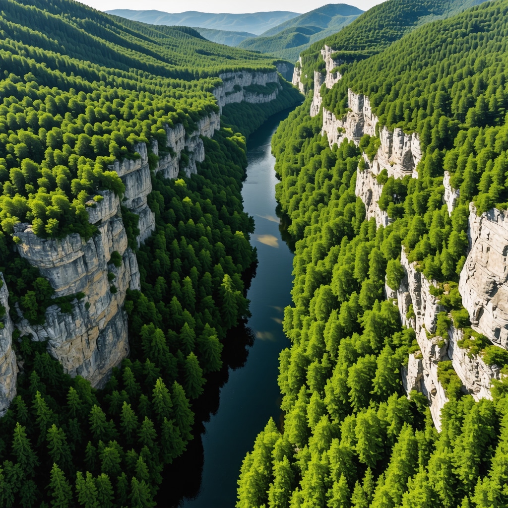 Aerial photograph of Đerdapska klisura canyon with Danube River and archaeological ruins