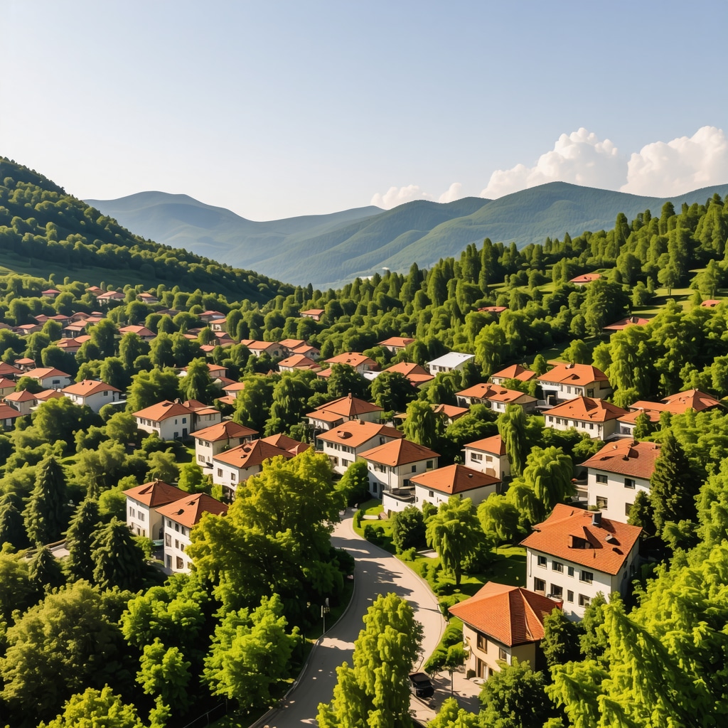 Aerial panoramic view of Gabrovo with traditional buildings and surrounding green forests
