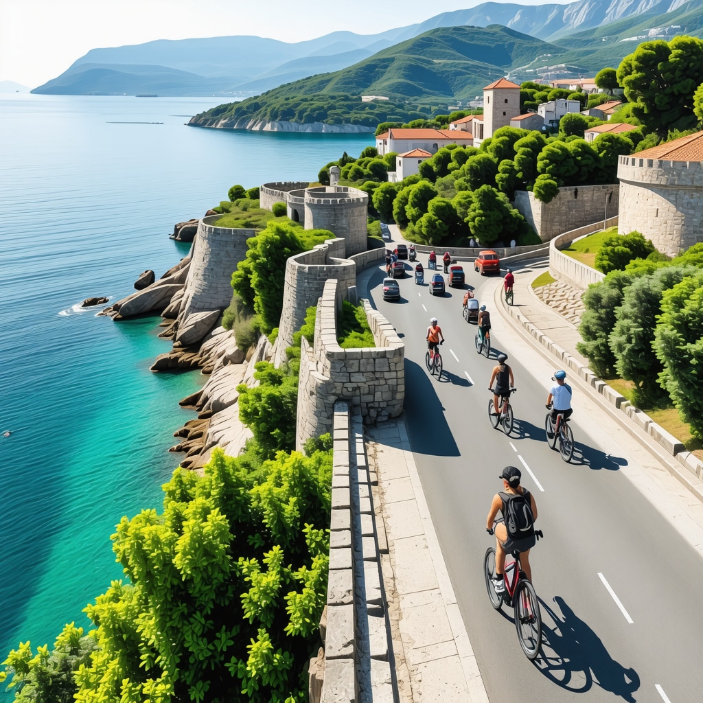 Aerial image of Herceg Novi coastline with historic fortresses, green areas, cyclists, and digital technology graphics illustrating sustainable tourism management