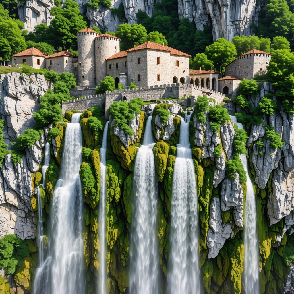 Drone aerial image showing Jajce fortress next to Pliva waterfalls surrounded by forest