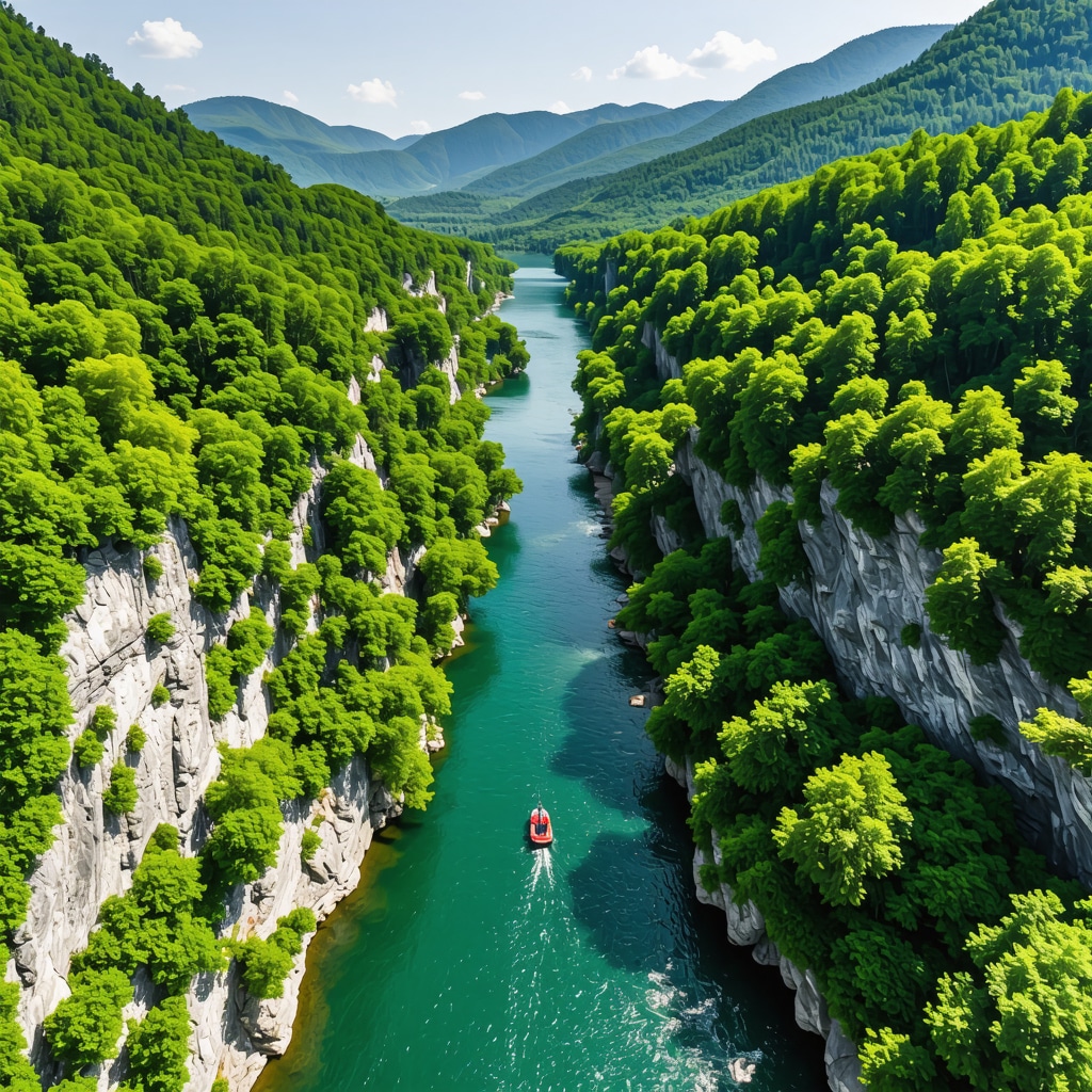Aerial natural landscape of Konjic with Neretva river canyon and green forests