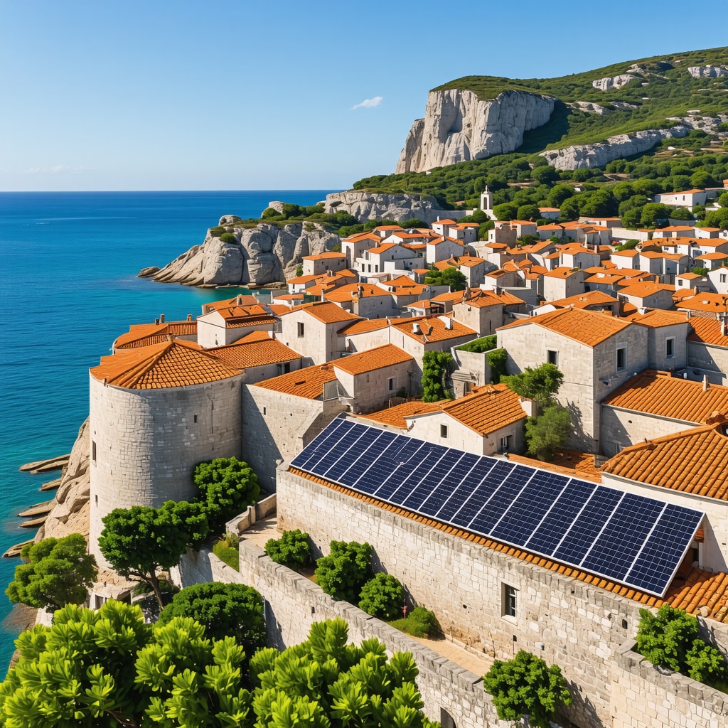 Aerial photo of Korčula island with medieval town and sustainable tourism elements like solar panels and eco-friendly transport