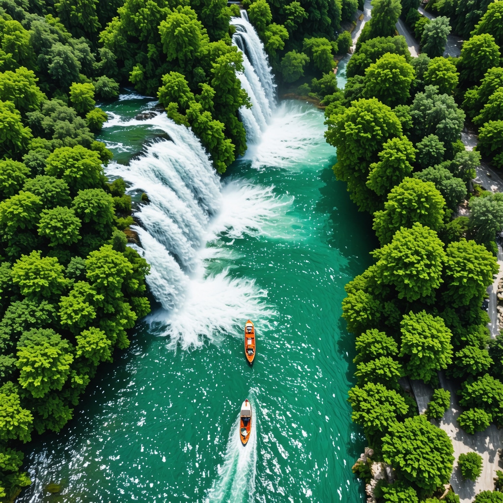 Aerial photo showing Krka National Park's waterfalls, forests, and eco-friendly tourism boats on the river