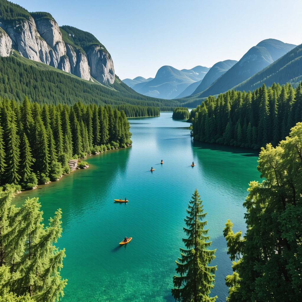 Aerial photograph of Lake Bohinj featuring eco-friendly campsites, kayakers, fishermen, and hikers in alpine surroundings