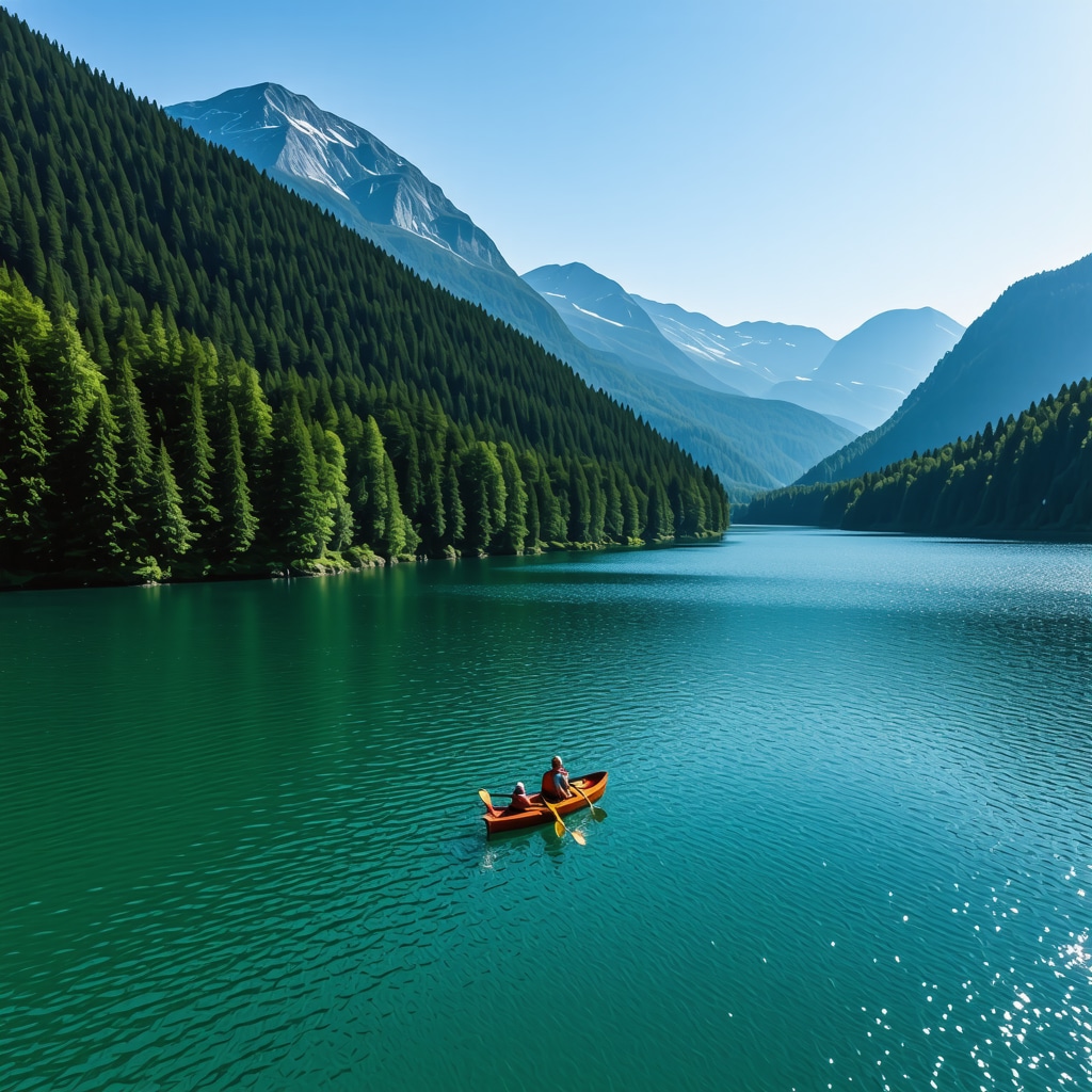 Aerial view of Lake Bohinj with people kayaking and hiking trails in the surrounding mountains under clear blue sky