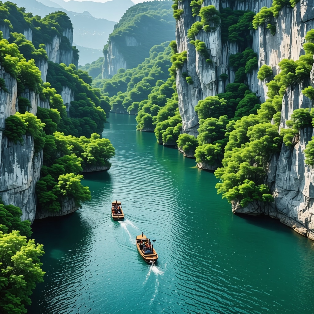 Aerial image of Matka Canyon with lush greenery, clear water, eco-friendly boats, and a drone monitoring ecosystem