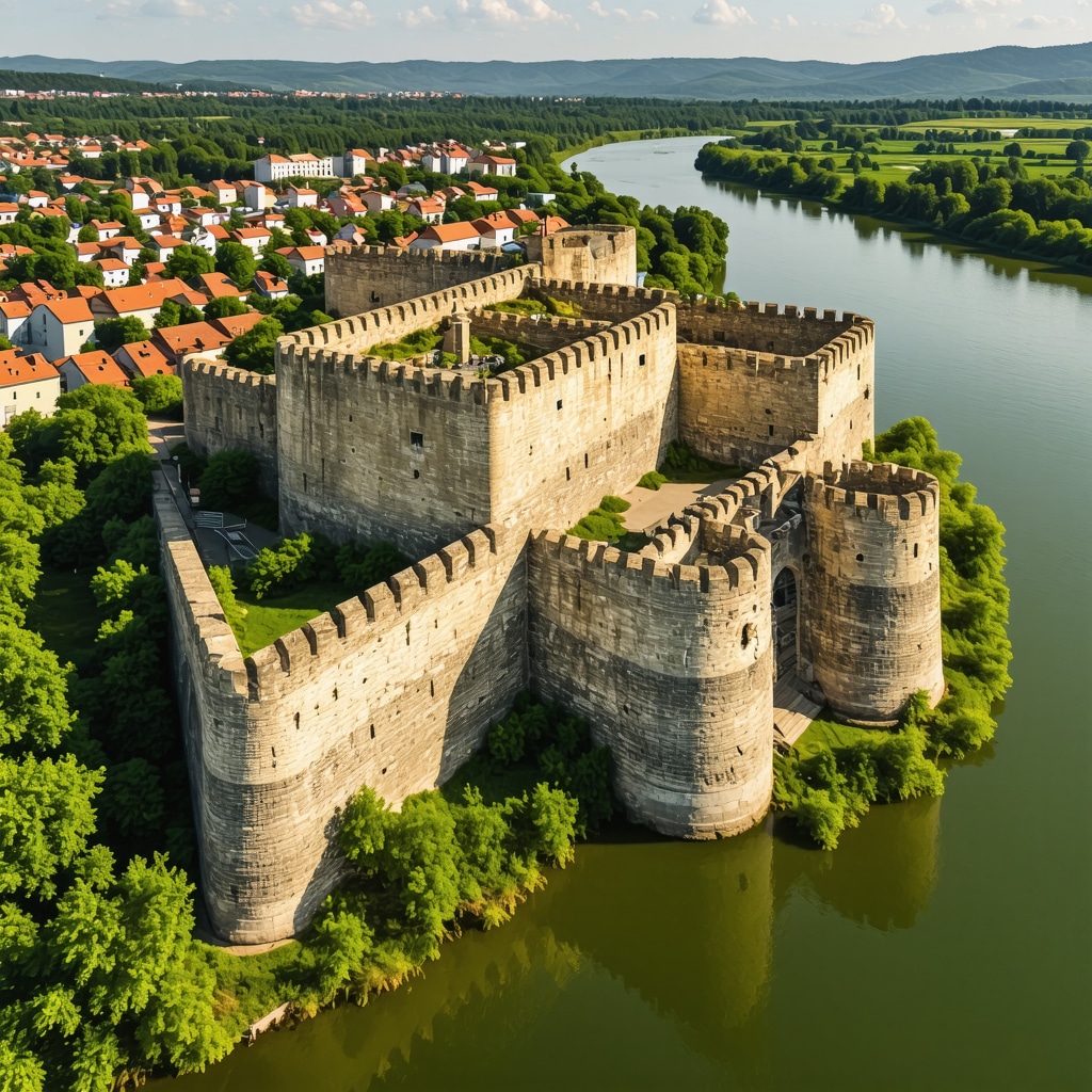 Aerial photograph of Smederevo medieval fortress with stone walls and Donava river