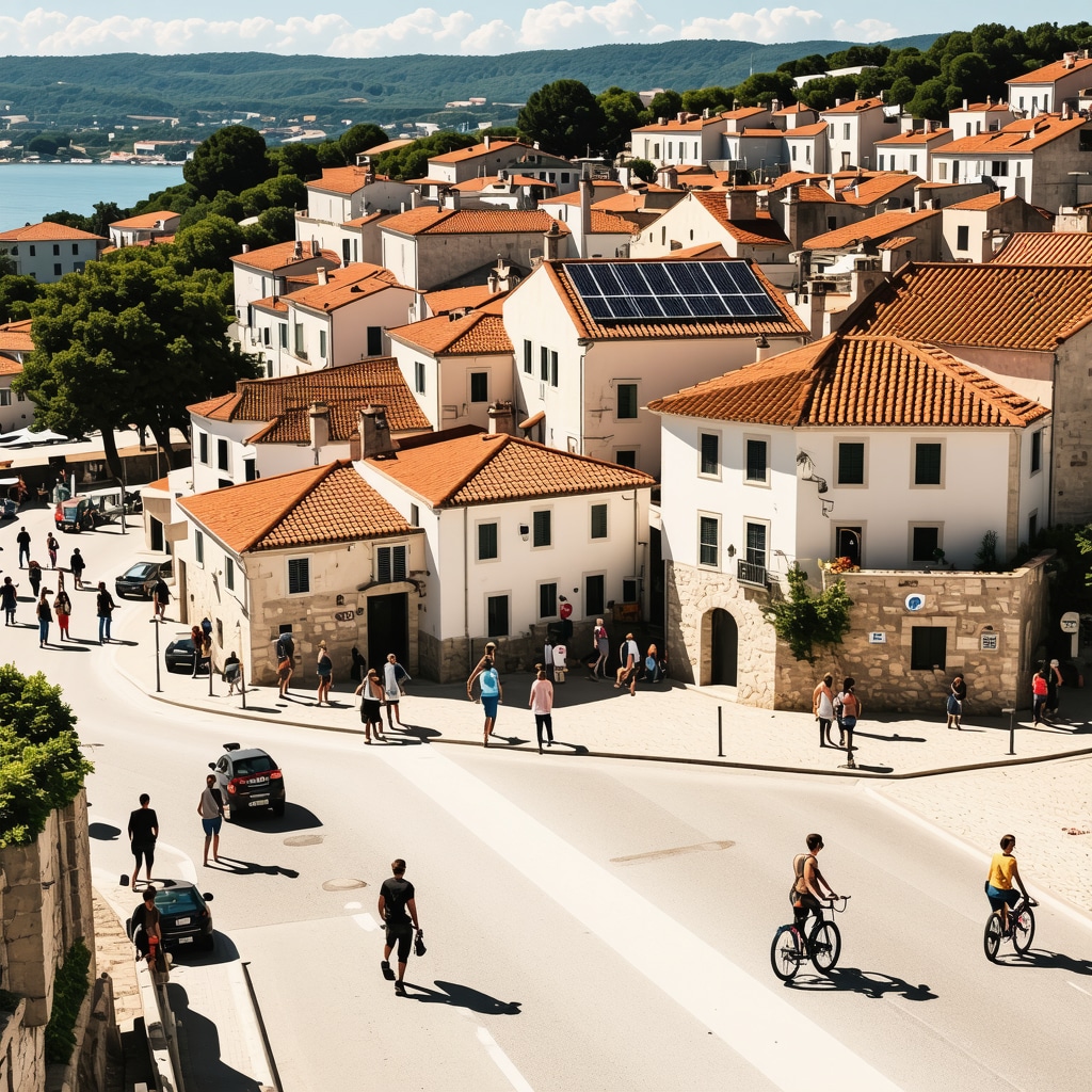 Aerial view of Piran's historic old town with solar panels and tourists exploring sustainably
