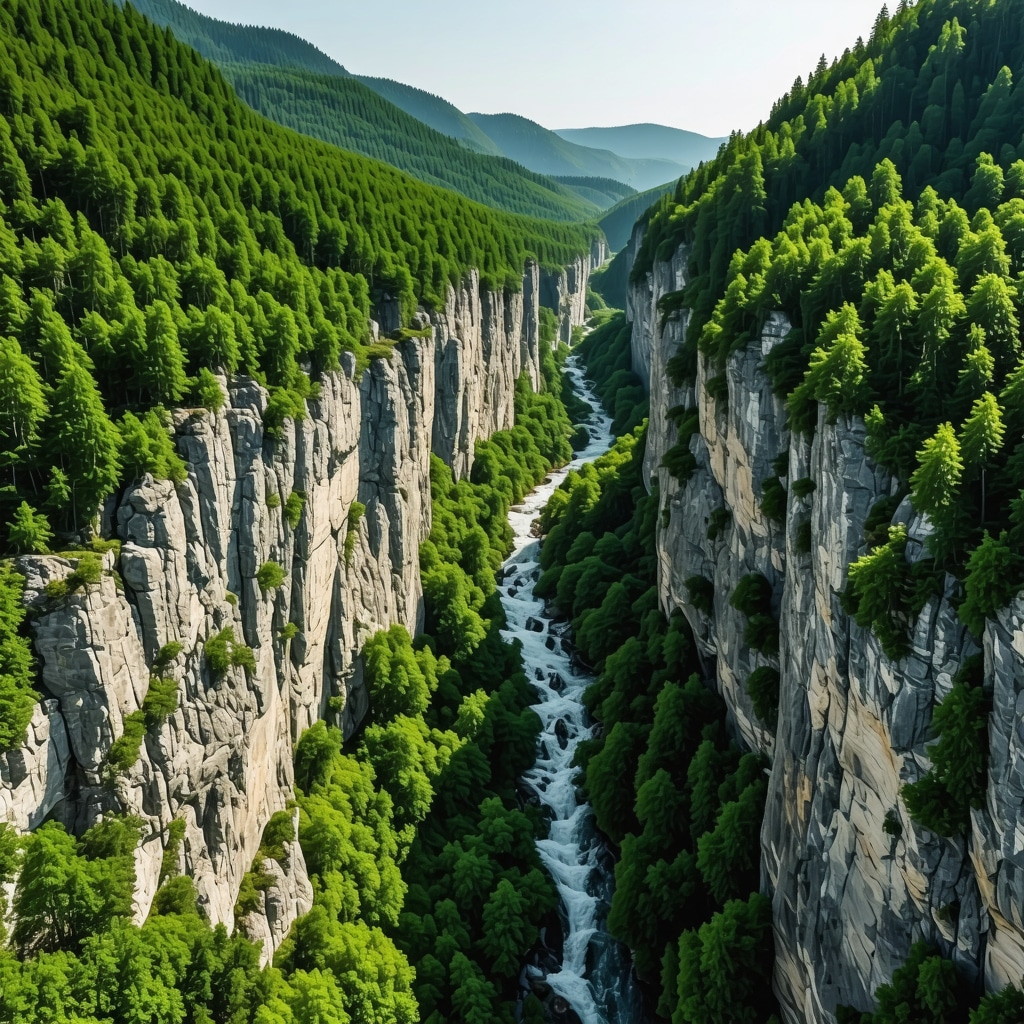Aerial photograph displaying Rugova Canyon with dense forests, limestone cliffs, and river for environmental conservation context