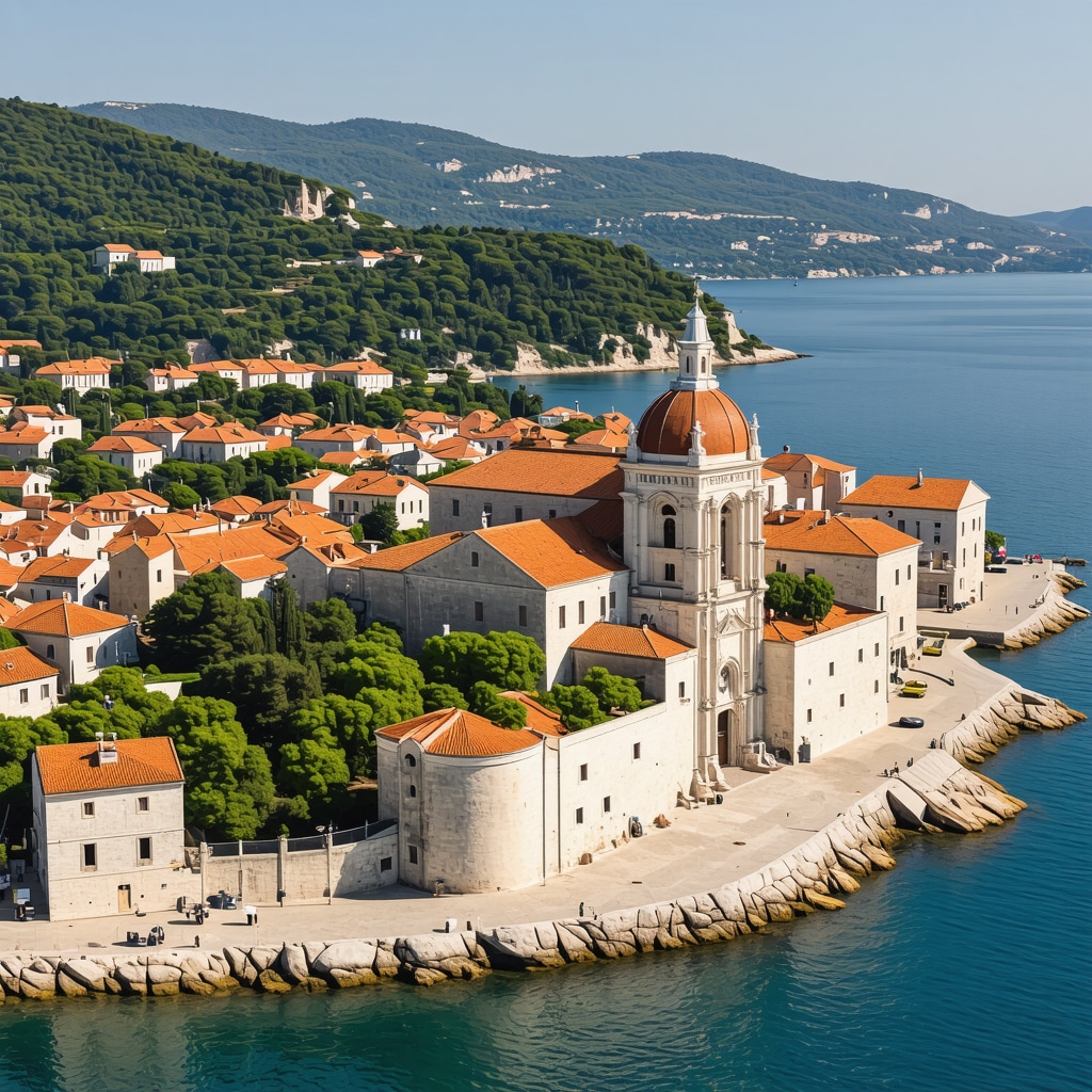 Aerial photo showing Šibenik's Cathedral of St. James, Renaissance buildings, and Adriatic Sea
