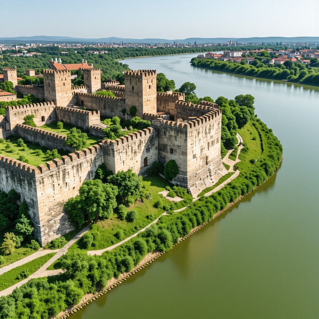 Aerial photograph showing the medieval Smederevo fortress on the Danube river surrounded by green landscape