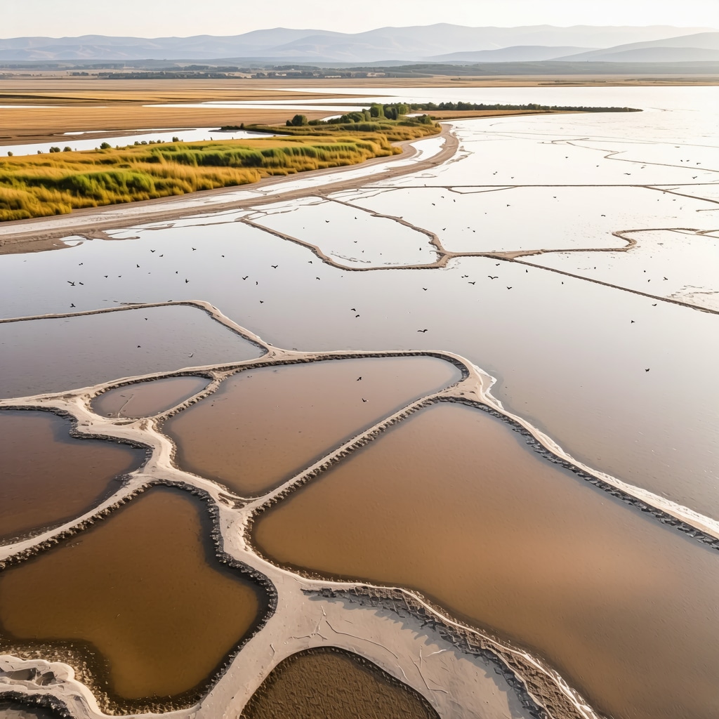 Aerial photograph showing salt pans of Solana Ulcinj with various birds in a rich wetland ecosystem during sunset