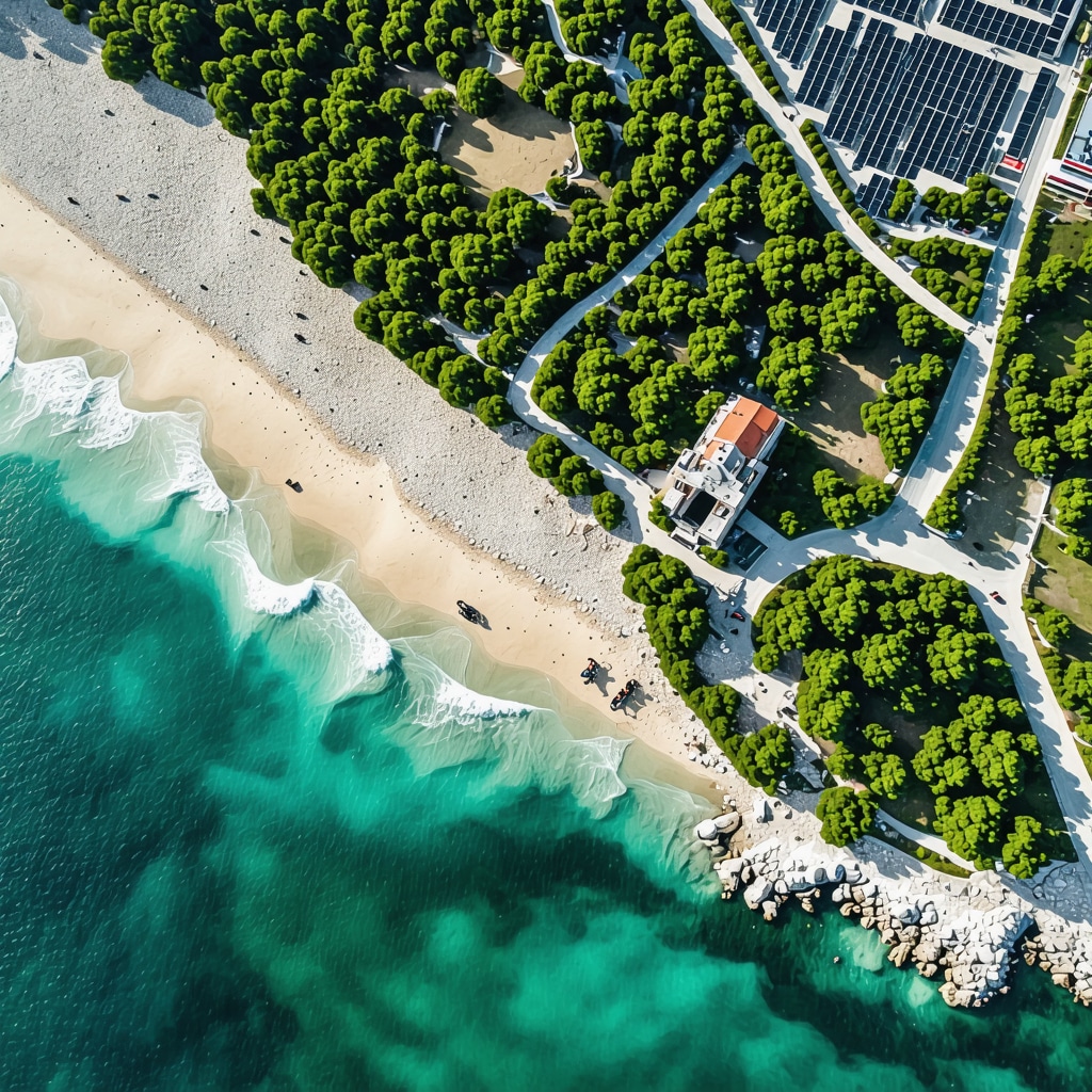Aerial photo showing Varna's coastline with archaeological remains, beaches, solar panels, and cyclists exemplifying sustainable tourism