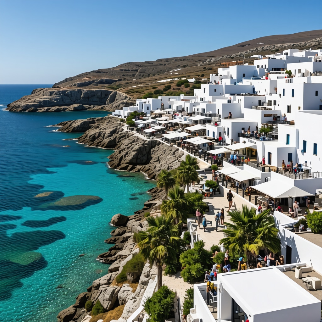 Aerial image depicting Mykonos beaches with solar panels on hotels and locals celebrating a traditional festival