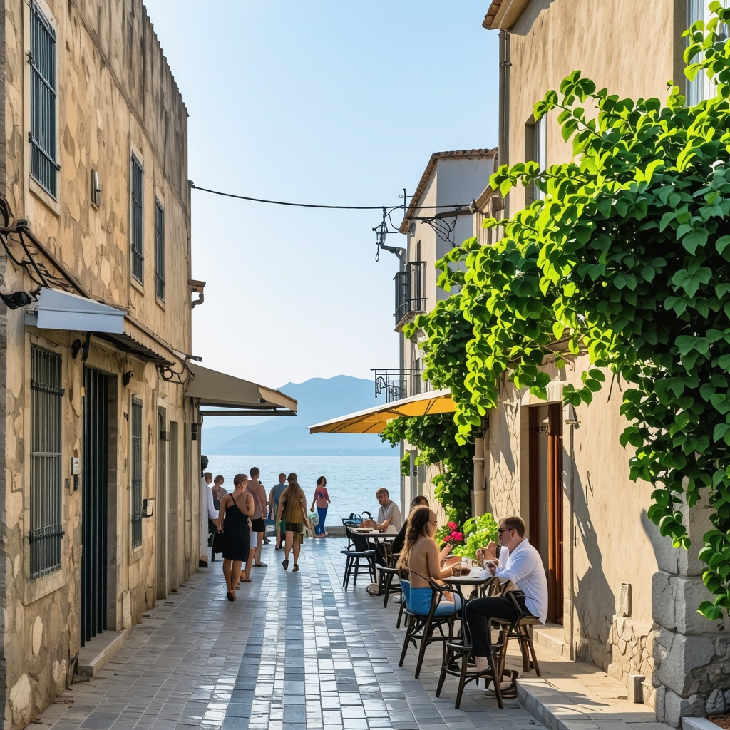 Narrow cobblestone street in Ano Poli, Thessaloniki with traditional houses and people enjoying coffee with sea view