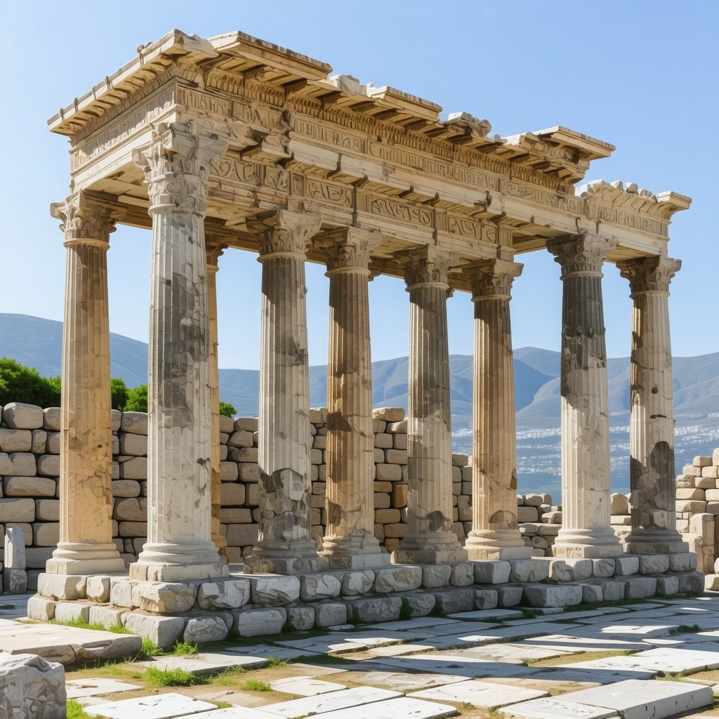 Ancient Delphi temple ruins with serpent motifs and Greek inscriptions symbolizing mythology