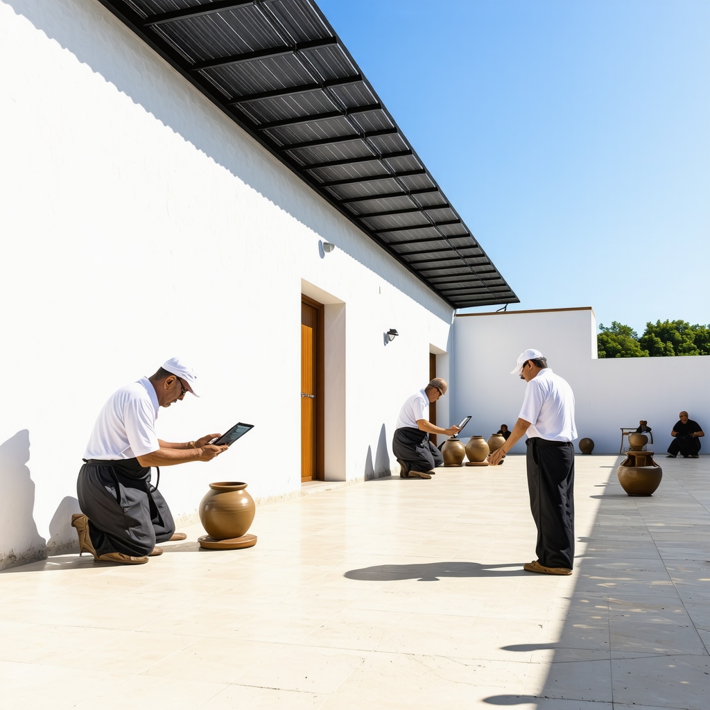 Traditional ceramic artisans working with digital tools and solar panels on the workshop roof in Kırklareli