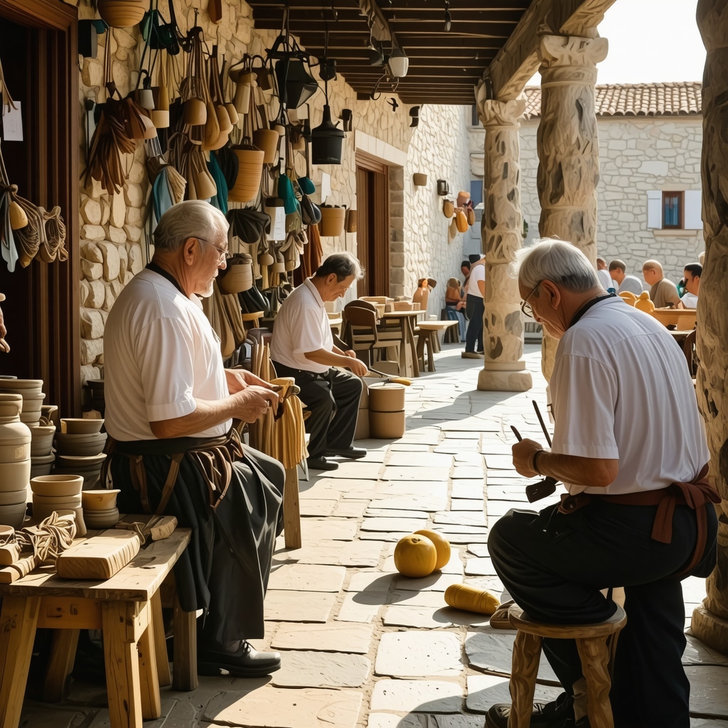 Craftsmen working with traditional tools and natural materials in Nesebar's historic setting