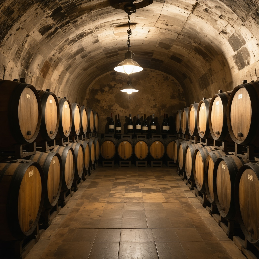 Rustic wine cellar with wooden barrels and traditional wine bottles in Bukarešta