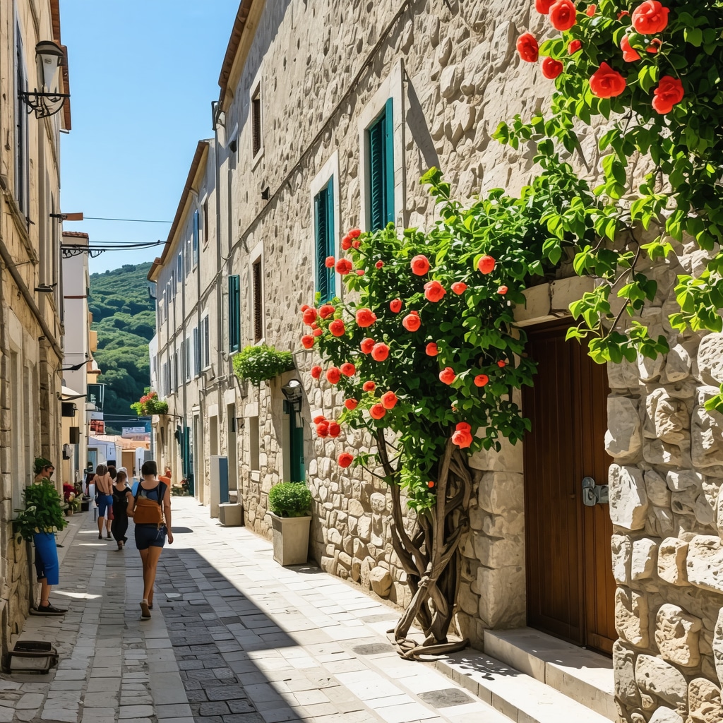 Narrow street in Šibenik with stone buildings, flowers, and locals enjoying sunny day