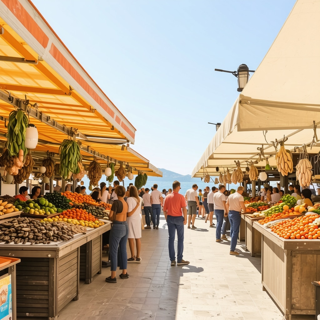 Open-air food market in Bar, Montenegro with fresh seafood and local produce under colorful awnings and Adriatic Sea in background