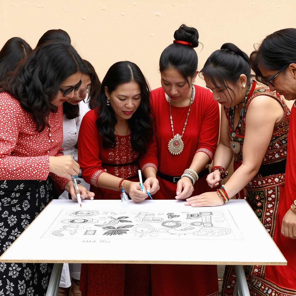 Diverse ethnic groups collaborating in a Berane cultural workshop using traditional art and digital storytelling