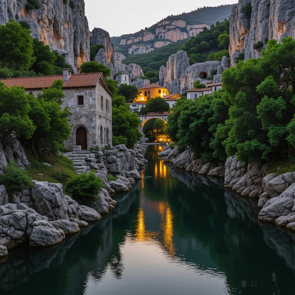 Historic Blagaj Tekija monastery beside the Buna river spring under warm sunset light
