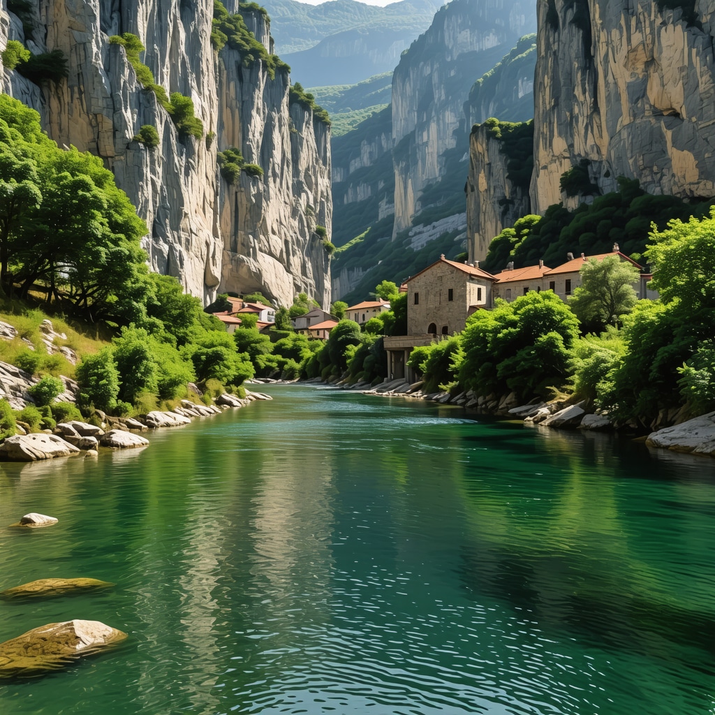 Scenic view of Blagaj riverside with Derviški monastery and natural cliffs