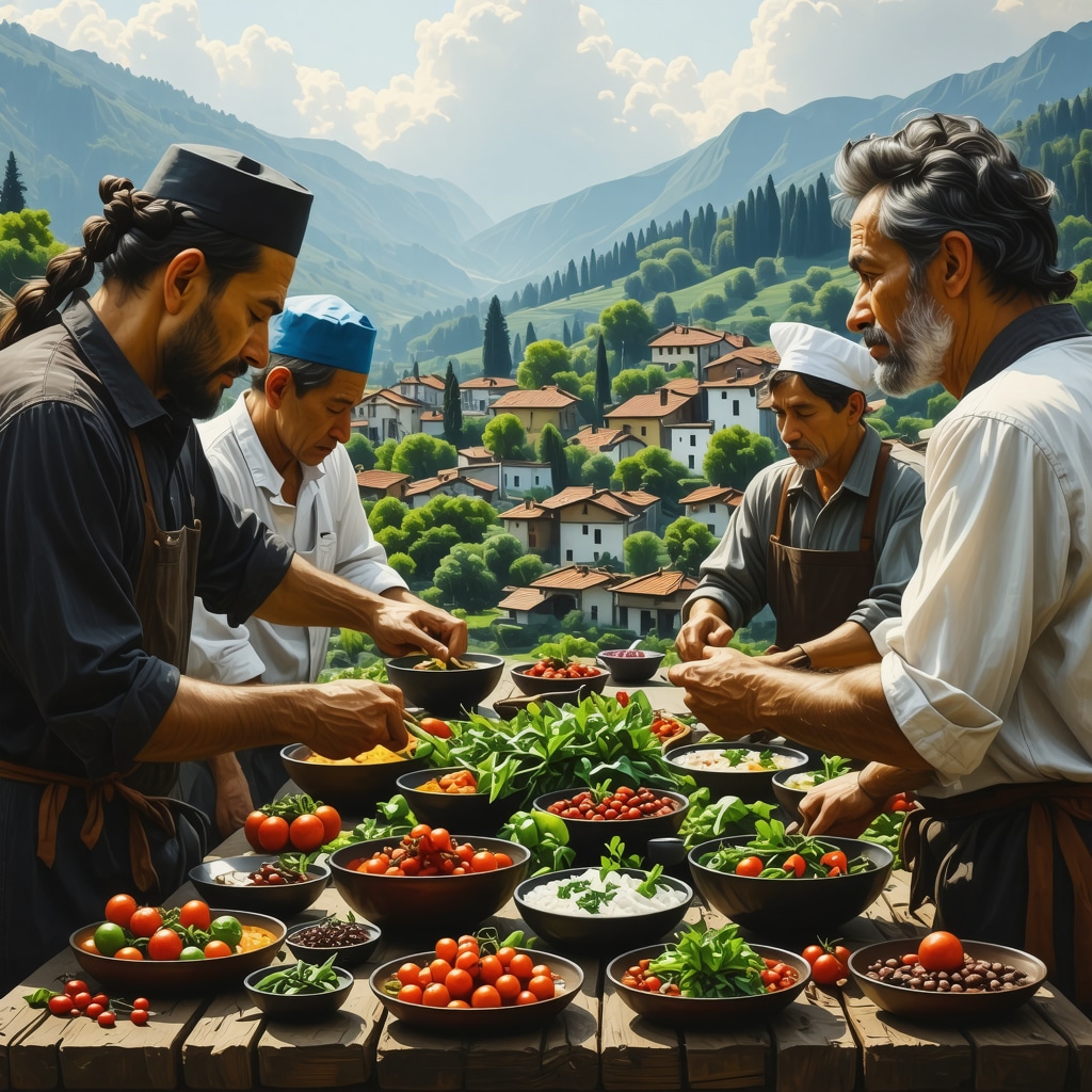 Illustration of blockchain tracking system linking Prizren local farms and traditional kitchens