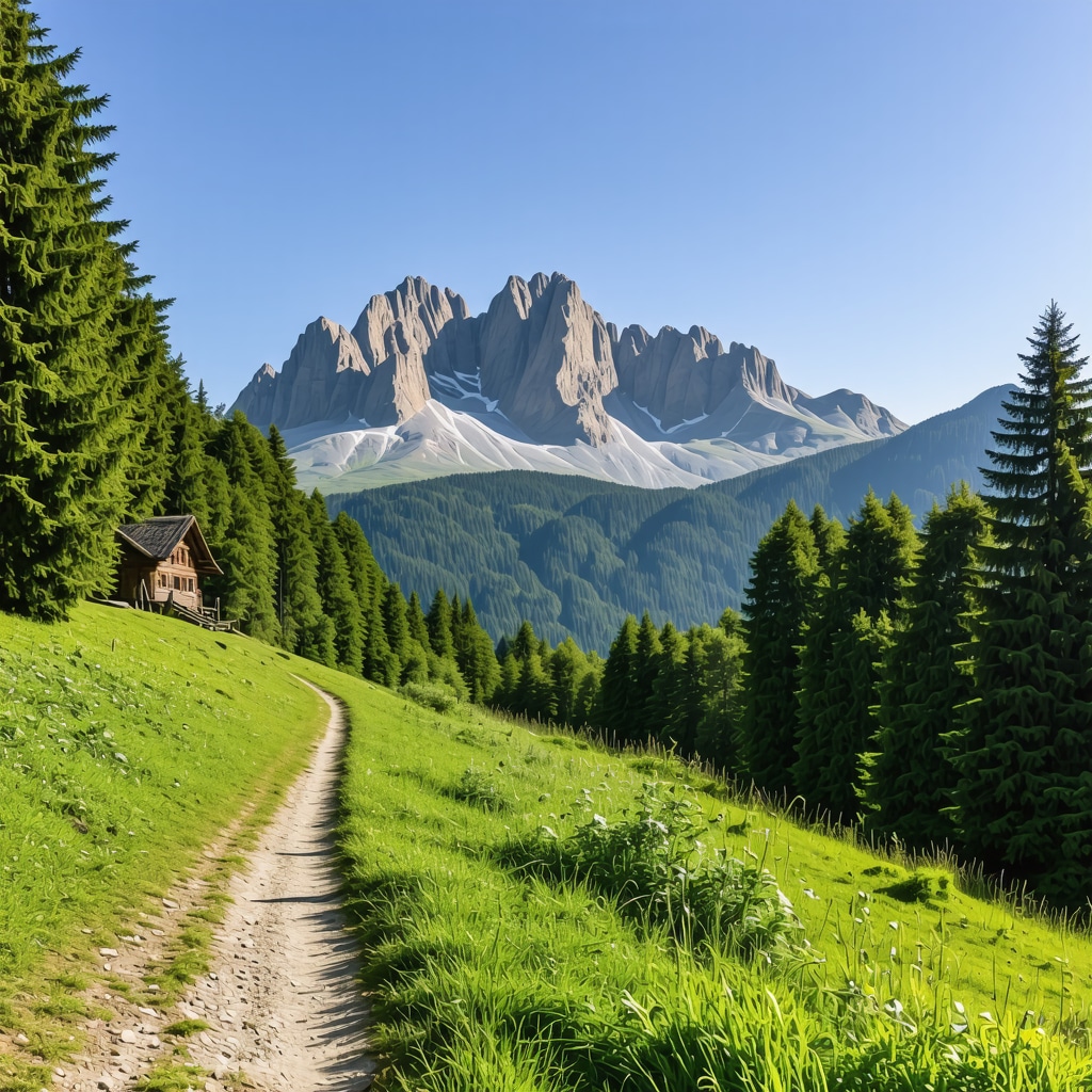 Scenic hiking trail with lush forest and mountain views in Bucegi Mountains, Sinaia