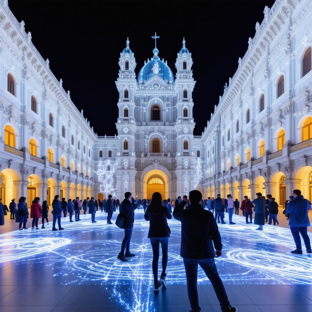 Nighttime Bucharest street illuminated with digital art installations and people using augmented reality apps on smartphones