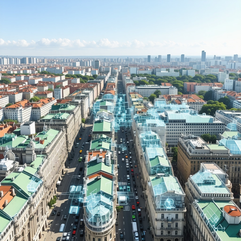 Panoramic view of Bucharest featuring historic Baroque and modern sustainable buildings with green roofs and digital overlays