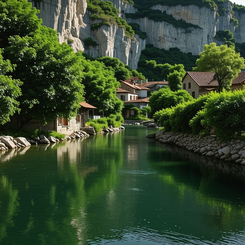 Scenic view of Buna river source with stone houses and karst cliffs in Blagaj under natural light