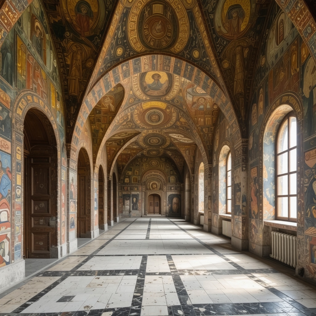 Interior view of Gračanica Monastery with detailed Byzantine frescoes and architectural elements