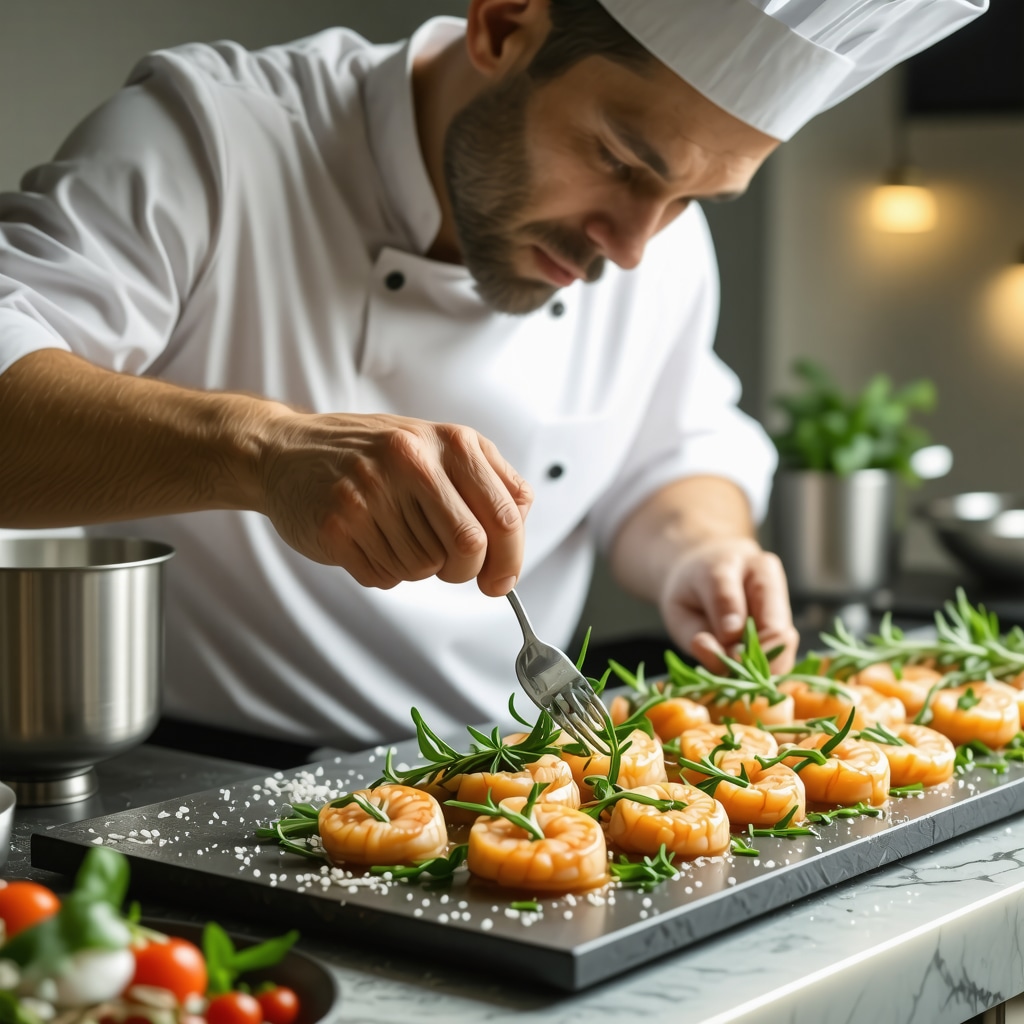 Chef using sous-vide equipment to prepare traditional Dalmatian seafood dishes with fresh herbs in Budva kitchen