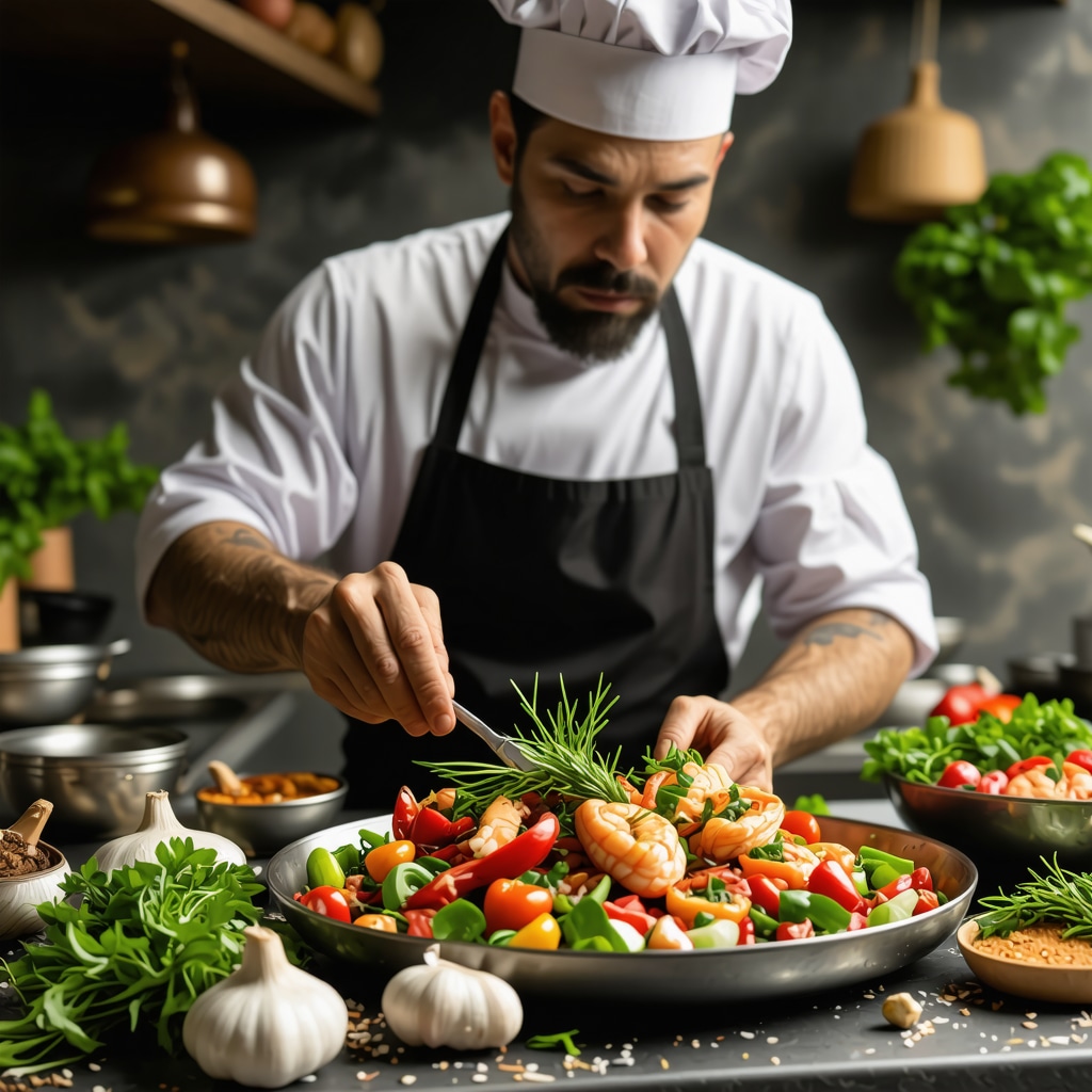 Chef in Montenegrin kitchen preparing seafood dish with fresh herbs and seasonal vegetables